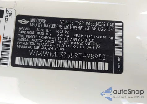 2009 Mini Cooper Clubman z USA, uszkodzony, nr VIN WMWML33589TP98953